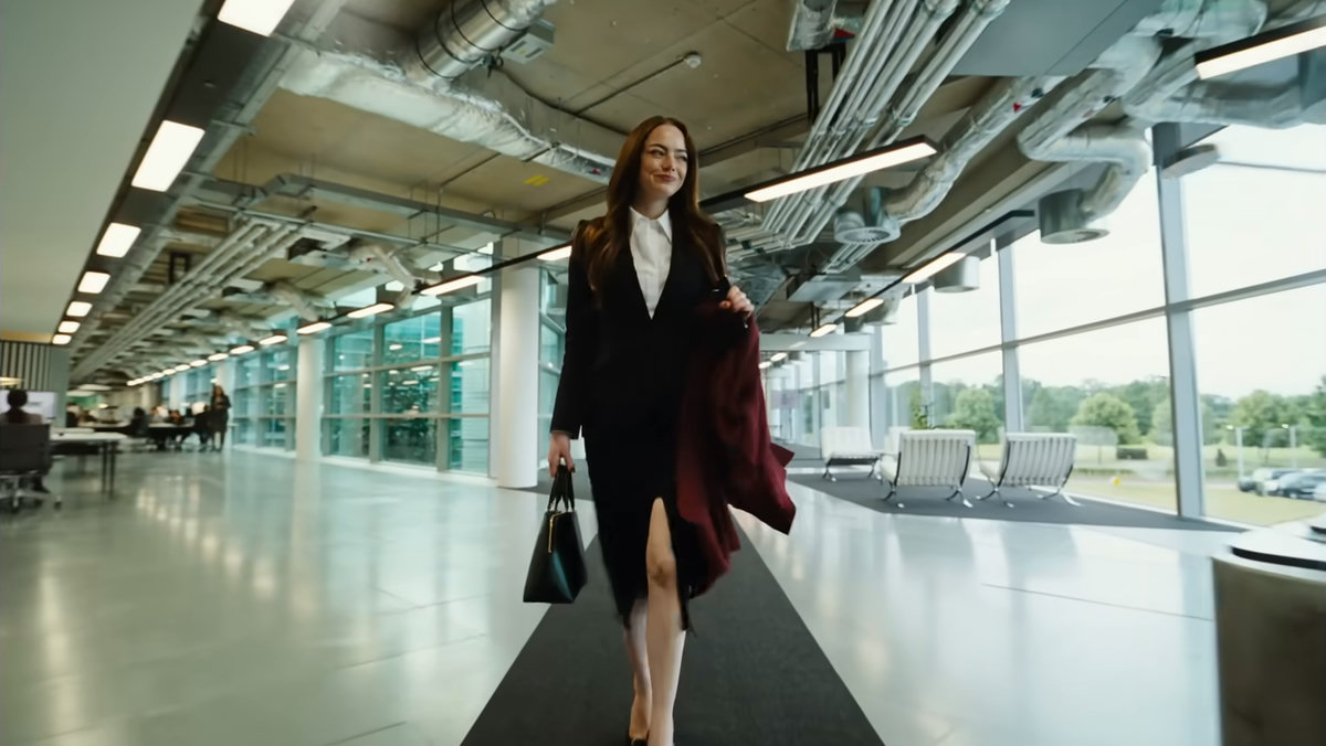 woman, suit, handbag, office interior, confidence, professionalism, determination, walking, smiling