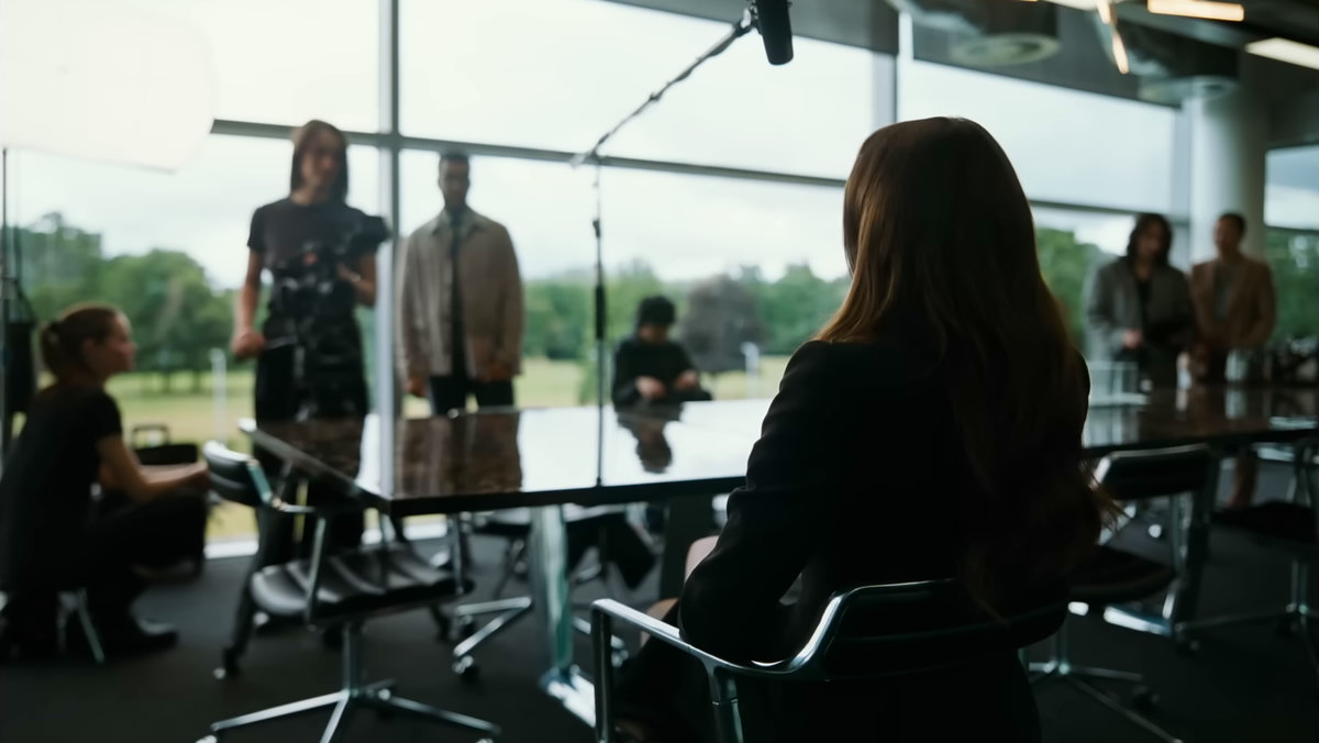 woman, suit, handbag, office interior, confidence, professionalism, determination, walking, smiling