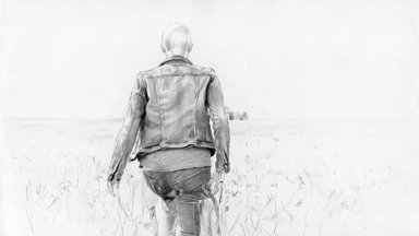 back-view 1-person walking-away flower-field yellow-flowers overcast-sky rural denim-jacket daytime