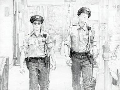 eye-level walking urban-street 2-persons looking-forward wearing-sunglasses city sidewalk buildings parked-cars trees street-poles uniform cap sunglasses utility-belt blue-shirt dark-pants