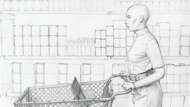 1-person aisles canned-goods grocery-store medium-shot packaged-food pushing-cart shelves shopping-cart side-shot supermarket yellow-belt yellow-dress