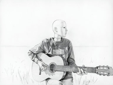 mid-shot profile-view 1-person playing-guitar looking-aside standing golden-field wheat-field blue-sky mountains outdoors acoustic-guitar