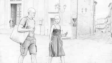 full-body 2-persons walking street old-town tote-bag ice-cream historic-buildings candid-shot