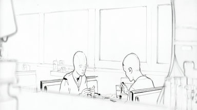 medium-shot low-angle 2-persons sitting looking-down eating bar diner neon-lights interior table glass fork booth reflection