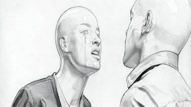 close-up over-the-shoulder 2-persons crying distressed confronting dark-background indoor