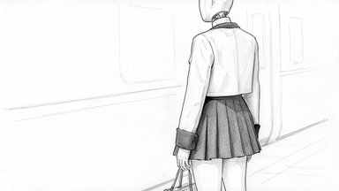 medium-shot back-view 1-person standing holding-bag train-platform train subway jacket mini-skirt bag